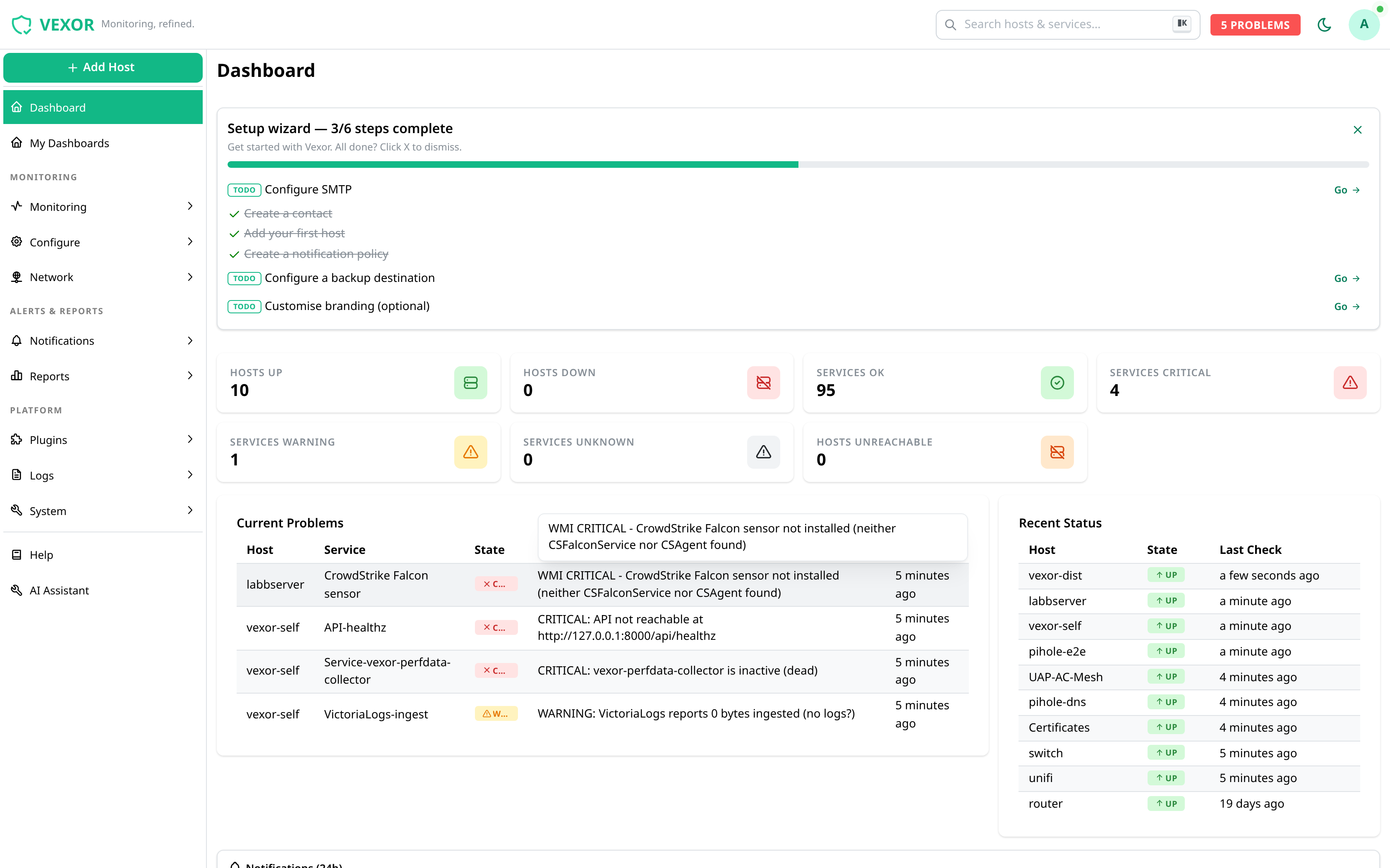 Vexor dashboard showing host status, a latency graph and a host list