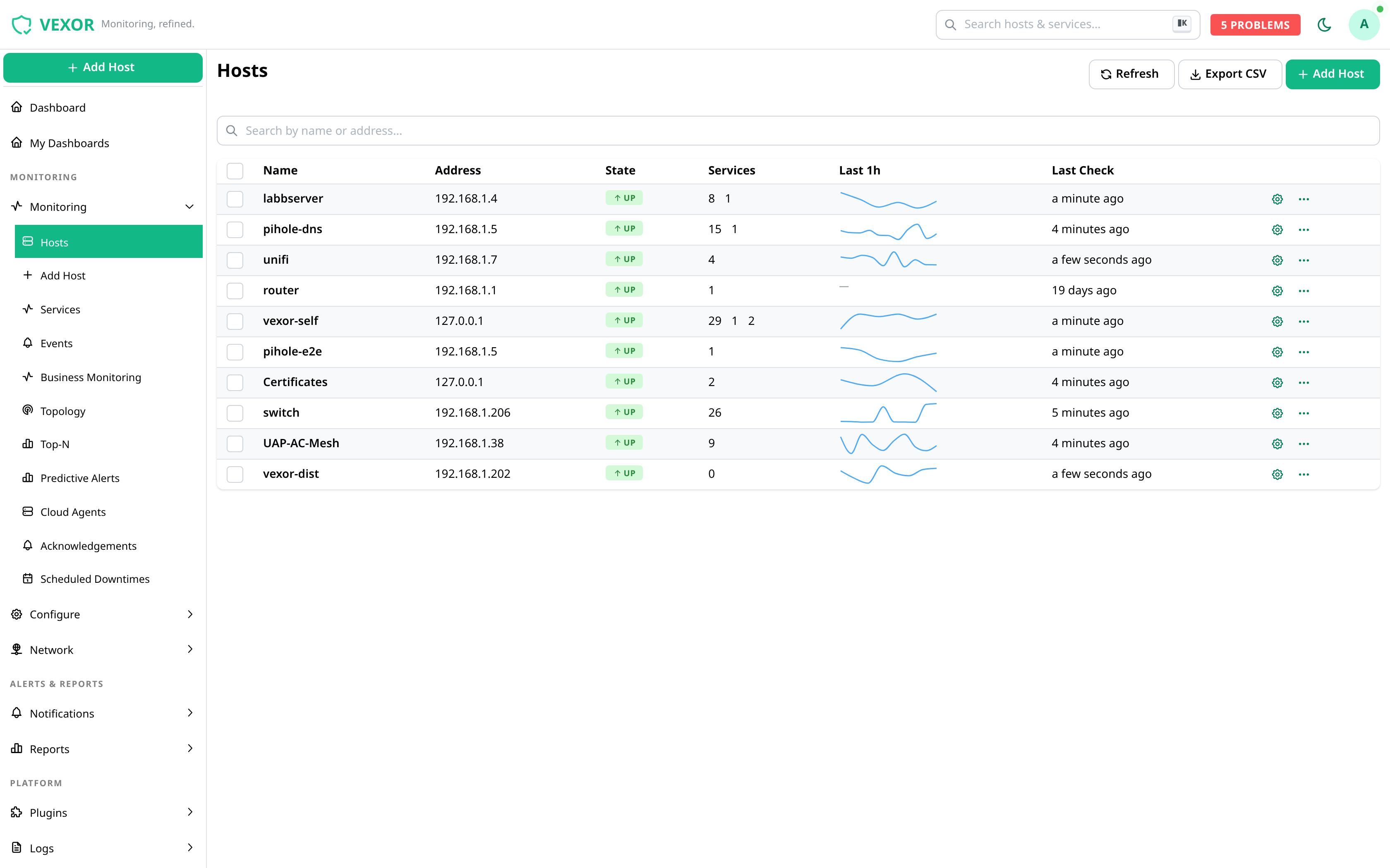 Host list with status and details